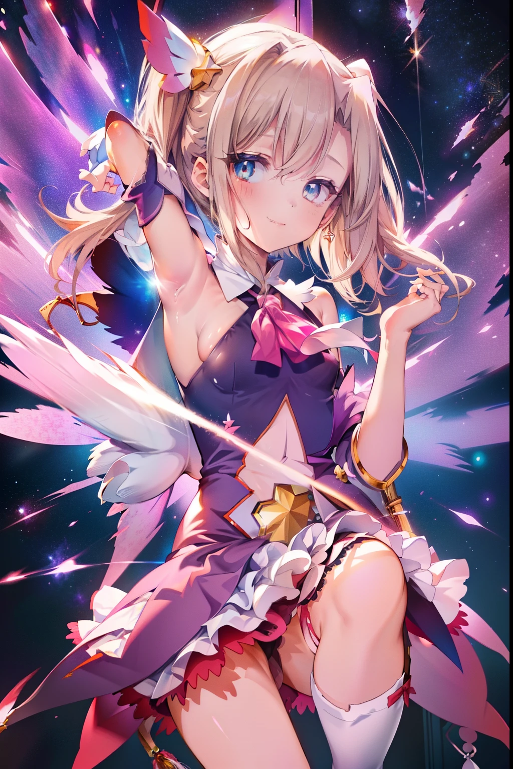 Ilya、blush,smile、Magical girl、Magical girl衣装を着ている、Primary school students、The back is very small、Lolita、Small breasts、Showing armpits、exterior: 14 years old、Shoulder Bare、The clavicle is visible、Sexy thighs、Beautiful feet、Usual hairstyle、Show me your armpits:1.2), highest quality, High resolution, unity 8k wallpaper, (shape:0.8), (Beautiful and beautiful eyes:1.6), Highly detailed face, Perfect lighting, Extremely detailed CG, (Perfect hands, Perfect Anatomy),