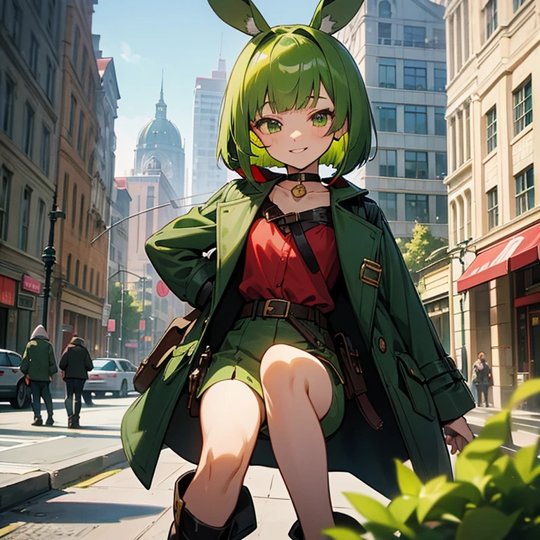 Green rabbit ears, green animal ears, a girl, bob cut, green hair, green eyes, thin eyebrows, smiling, young, alone, short, blouse, coat,choker, long boots, red hood, fingerless globe, belt, waist pouch, on the street, in the city, cafe, tiny, 10-year-old, baby face