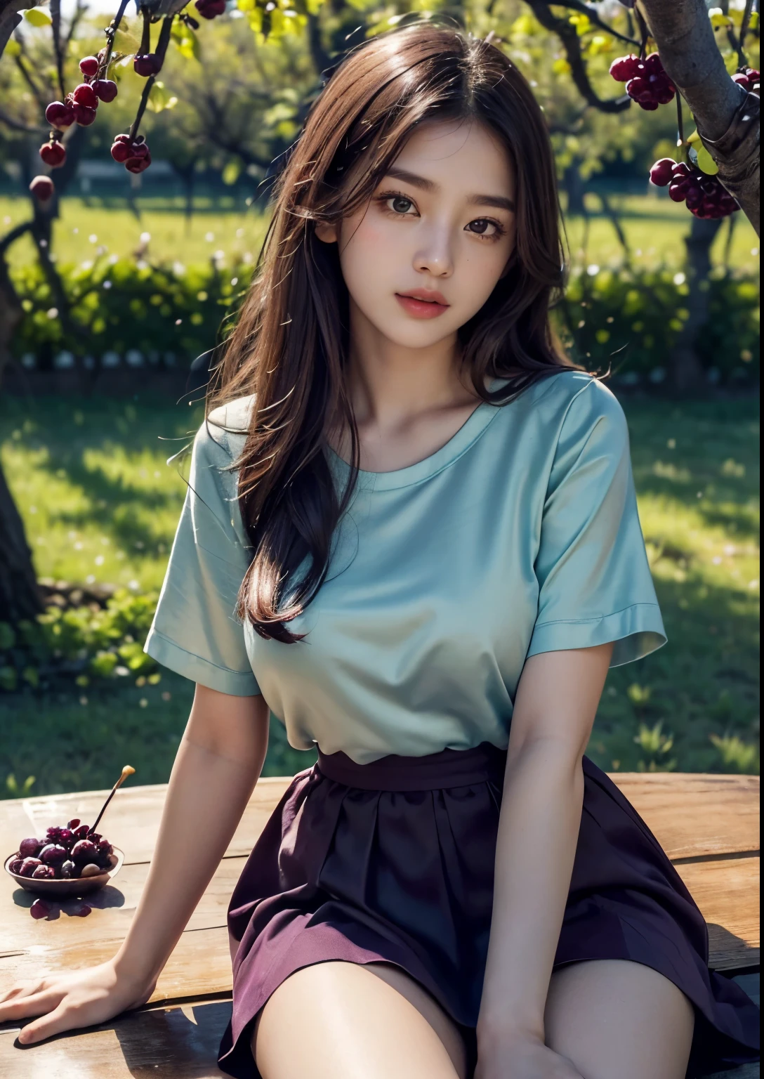 (best quality,4k,8k,highres,masterpiece:1.2),ultra-detailed,(realistic,photorealistic,photo-realistic:1.37),high-resolution portraits, Beautiful Korean Girl, 18 years Girl, ((Young Body,young round breasts,perfect body figure, Slender)),beautiful detailed eyes,beautiful detailed lips,extremely detailed eyes and face,long eyelashes,freckles on her face,gentle smile,majestic pose,flowing black hair cascading down her back, ((glitter silky satin seafoam Green T-shirt with Luxury glitter Peach above knee length skirt)),soft sunlight illuminating her face,vivid colors in the landscape,rich color palette with warm tones,((full body shot)),((mulberry fruit orchards)),((many many Mulberry Fruits in orchards)),((mulberry fruit trees)),((heavy Fruits in mulberry trees)),((mulberry trees have many many Mulberry Fruits in trees)),traditional Turkish orchards in the background,rows of fruitful mulberry trees with branches heavy with ripe fruits,each mulberry fruit perfectly crafted and vibrant purple in color,she delicately holds a wicker basket filled with freshly picked mulberries,berry juice staining her fingertips,a sense of tranquility and serenity in the air,subtle wind rustling the leaves,elegantly painted background with a touch of impressionistic style,subtle brushstrokes adding depth and texture to the image,sublime realism with a touch of romanticism, Stylish Poses, sexy angles, ((every where mulberry fruit trees)), ((every where mulberry fruits in orchards)),((mulberry fruit Wine bottle)),((mulberry wine in glass)), ((Dining table in orchard)),(((Sitting in front of dining table))), ((wine glass in hand)),hot poses, Soo cute girl, Kissing fruit, Realistic Human fingers, realistic human hands,