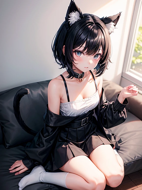 Black short hair girl with black cat ears and 2 black cat tails have a white bell but collar isnblack wearing black shoulderless and black skirt and black socks and no shoes