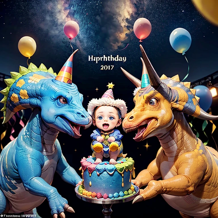 Five cute baby dinosaurs, everyone wearing birthday hats. Eles devem estar em volta de um bolo azul de dois andares, com velinhas acesas. O ambiente deve ser festivo e animado, decorated with colorful balloons and sparkling stars.