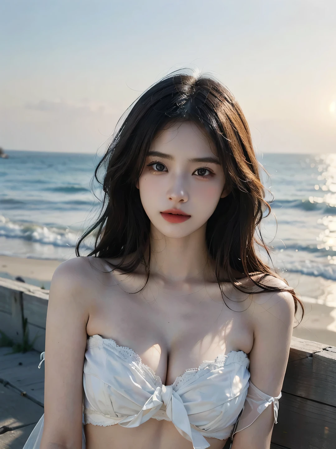 1girl, (looking at viewer:1.2), detail face, (a girl standing, rending on , sun falling and beach backdrop,(D cup,Cleavage,White translucent bandeau,), romanticism, atmospheric, (RAW photo, best quality), (realistic, photo-realistic:1.3), masterpiece, an extremely delicate and beautiful, extremely detailed,