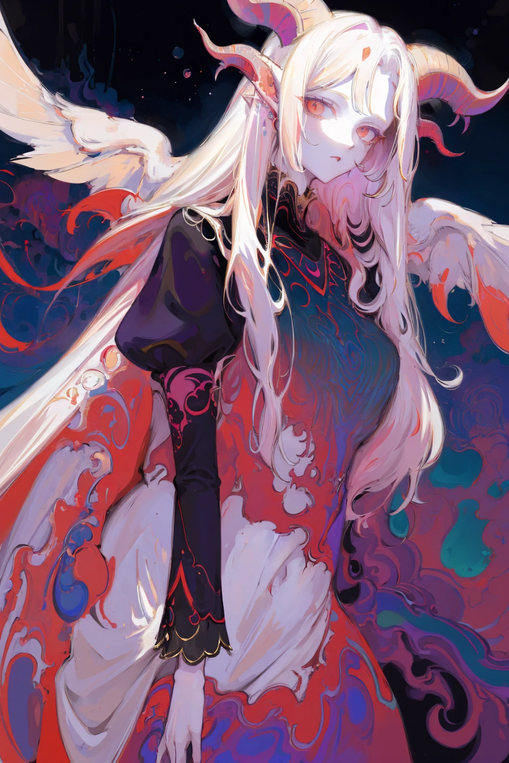 Designed by nty, A woman is, (Albino demon girl standing, long and complex horns:1.2, multicolored clothing), Complicated details, coloured background, Abstract