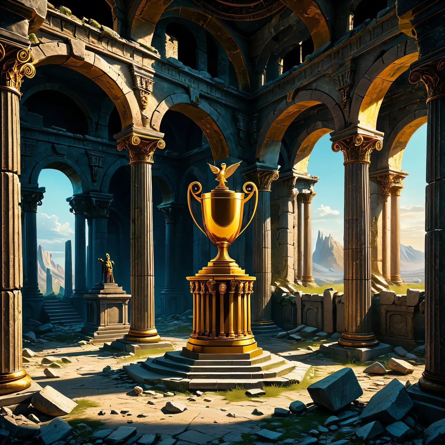 An old abandoned castle of an ancient long-gone highly developed civilization, in a hall with destroyed columns, a Golden Trophy hovers over a pedestal, very rare and unusual, secret objects of long-gone civilizations