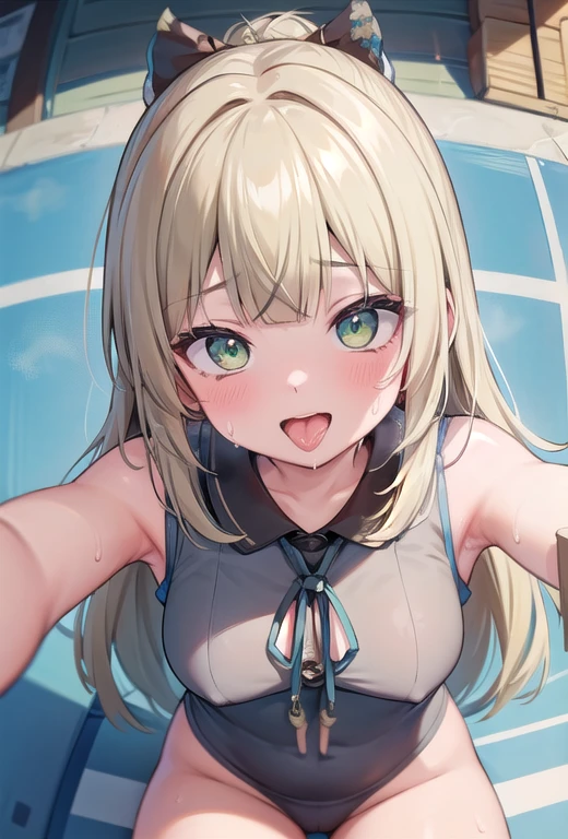 masterpiece,16k,8k,Delicate expression,highest quality,high resolution,High resolution,Sweat,1girl,look at viewer,blush,happy smile,sweat stains,steam,wet,fish eye lens,cowboy shot,summer,from front,from above,(pov:1.4),fisheye lens,upper body,show your oral,open mouth,kiss,long tongue out,show off armpits,sleeveless,pool,blond hair,green eyes,cat eyes,sitting