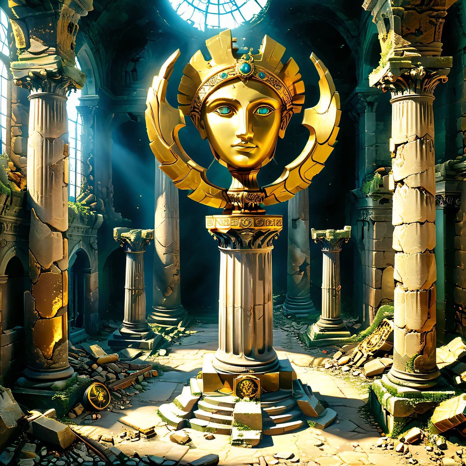 An old abandoned castle of an ancient long-gone highly developed civilization, in a hall with destroyed columns, a Golden Trophy hovers over a pedestal, very rare and unusual, secret objects of long-gone civilizations