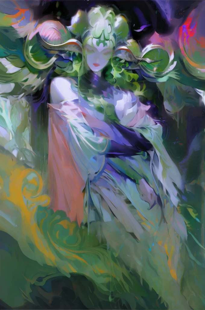 masterpiece, Green hair standing in the room、Girl with green hat, Ink Art, Style Art, Elf Girl, murata and artgerm series, very warm, Weiwei, Art style, League of Legends style, Ruan Jia and Artgerm, Art Jem Style, ! dream art, Designed by nty, A woman is, 8K, hyper HD, Albino demon girl standing, shot from far away, ( Green curls:1.3) , pink rose bush, Pink turtleneck sweater with tulle skirt, winking ,(long and complex horns:1.2), white backgrounid, multicolored clothing, Complicated details