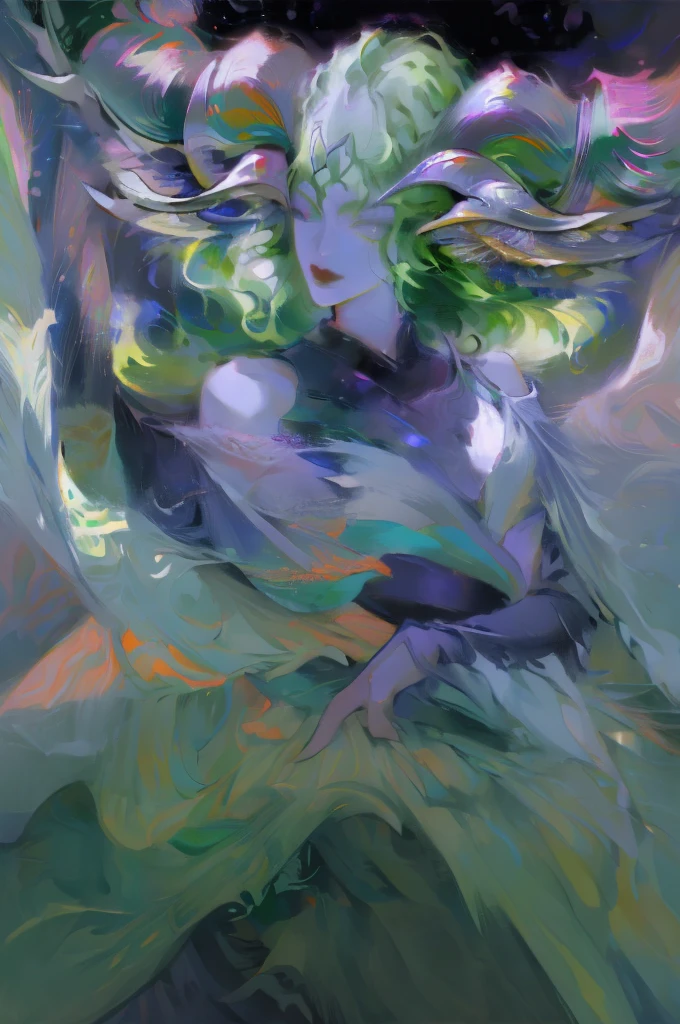 masterpiece, Green hair standing in the room、Girl with green hat, Ink Art, Style Art, Elf Girl, murata and artgerm series, very warm, Weiwei, Art style, League of Legends style, Ruan Jia and Artgerm, Art Jem Style, ! dream art, Designed by nty, A woman is, 8K, hyper HD, Albino demon girl standing, shot from far away, ( Green curls:1.3) , pink rose bush, Pink turtleneck sweater with tulle skirt, winking ,(long and complex horns:1.2), white backgrounid, multicolored clothing, Complicated details