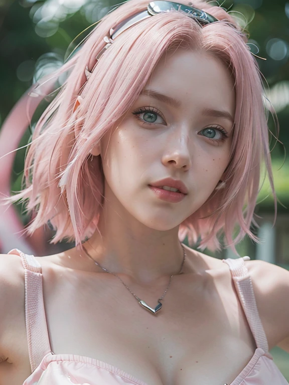 young woman, short shoulder-length pink hair, wide forehead, porcelain skin, pink eyebrows, big emerald green eyes, buttoned nose, full lips, heart-shaped face, slender body, small breasts, red tank top, Sakura Haruno , realistic, realism, details, 3d, well detailed