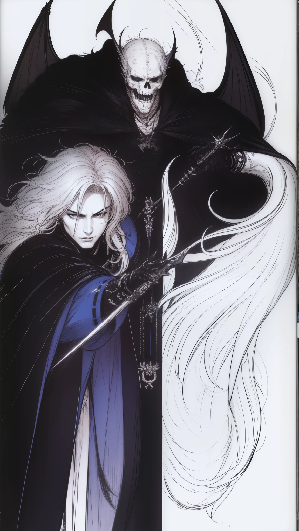 Black knight, white background, line drawing Drawing, light colors, holding sword, fantastic, woman 1 (white hair), black dragon coiled, sexy, De Pere Blanca, curly eyes, rough sketch, rough lines, lively pose, beautiful black cape, Dracula, slender, nice black feathers, delicate touch lines, painterly, Lively pose, beautiful black cape, Dracula, slender, blue feathers, delicate touch, fine lines, clear face, black mechanical giant,, black cape, grim reaper, skull, bat, black dress, mysterious, mage