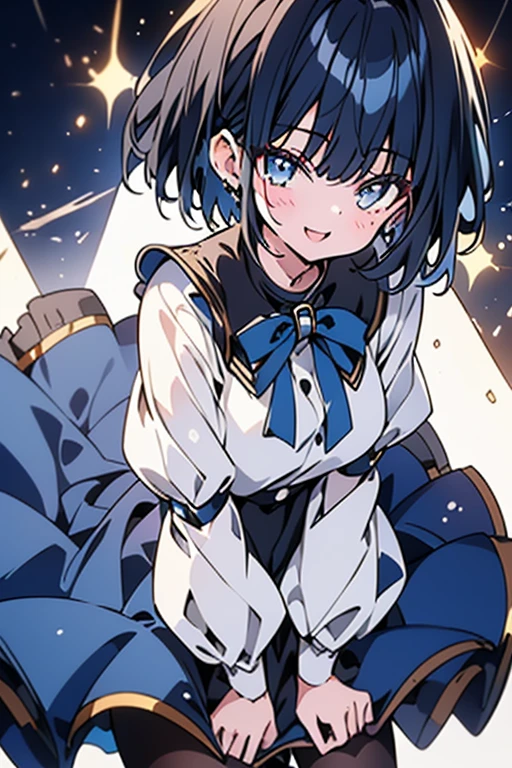 (highest quality, 4K, One girl:1.1,Short Medium Hair), (Navy Hair:1.1,Bright Blue Eyes:1.1), (throw:1.1, Cowboy Shot:1.1), (Captivating smile:1.1), (Black Pantyhose, Blue short skirt), (White blouse), (Almond-shaped eyes), (Open your mouth), (Shiny skin),Fancy Room,