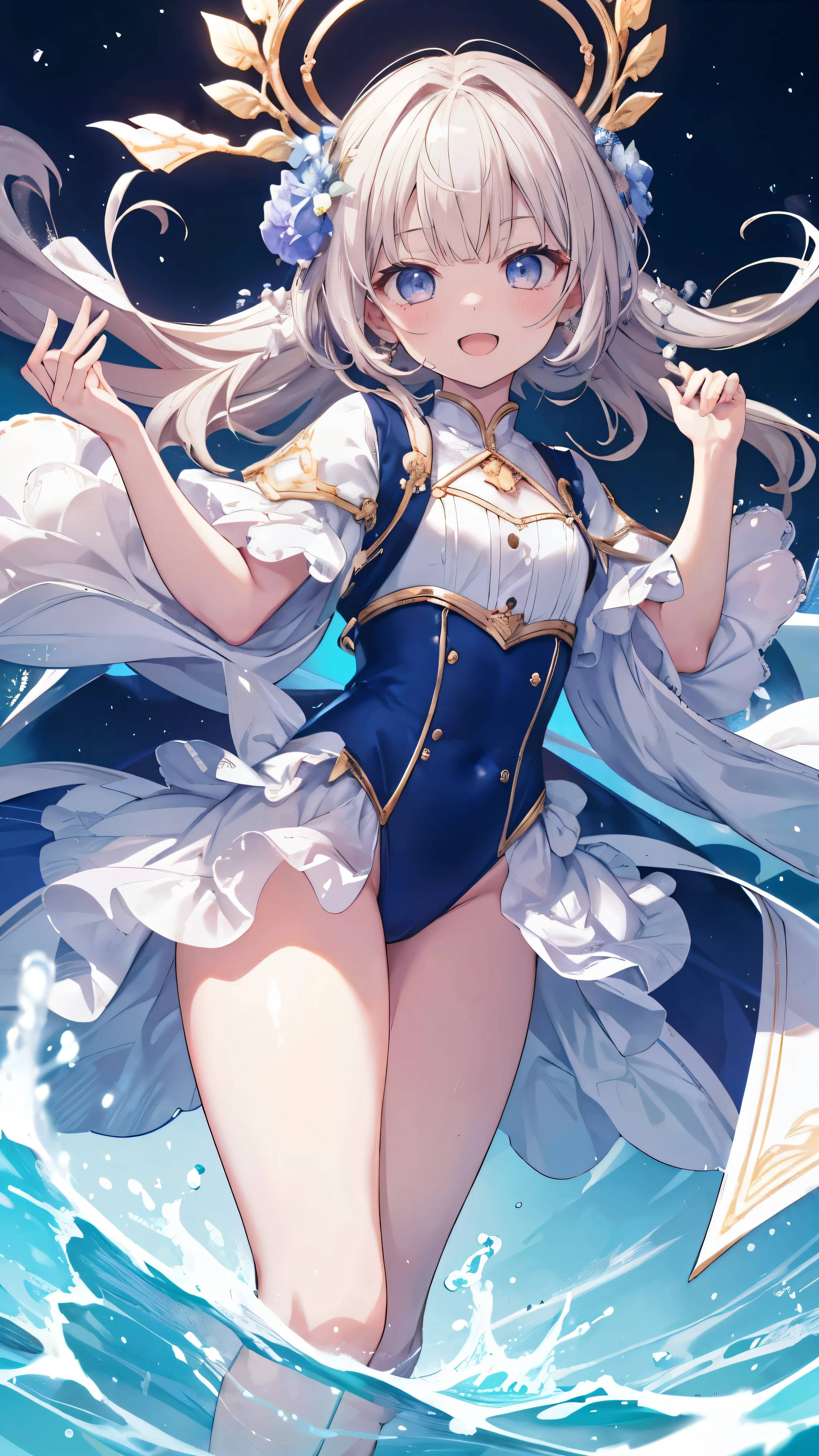 Masterpiece、Highest quality、highest quality、(Open Mouth Smile)、Shiny hair quality、Small face、Dynamic pose、Super detailed, beautiful, wide eyes、Ultra-detailed, clear and beautiful faces、(cute illustration:1.2), High-resolution, ultra-detailed, best quality, embarrassed、Thighs, Awards, Anatomically correct