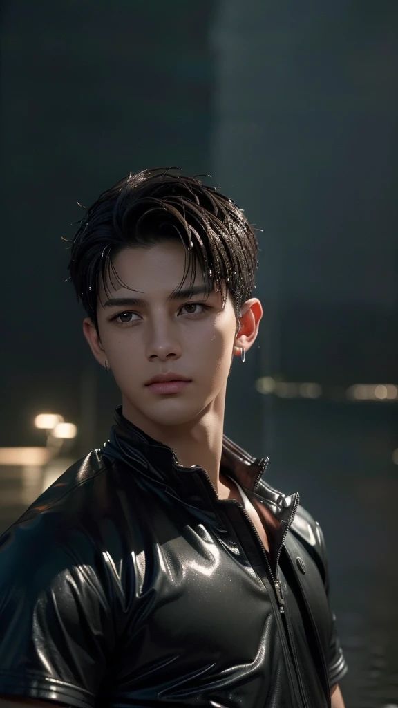 Jungkook, realista:1.3,( fotorrealista, 8K, Fotos CRUDAS, Calidad premium, obra maestra, epic lighting. de cerca, Imagen centrada), (primer plano),((1 handsome man self-confident well-formed muscles, post apocalyptic, guerrero, Rostro y cuerpo perfectamente detallados, (primer plano), escenario lluvioso, poor lighting due to rain,(( rostro y cuerpo mojados por la lluvia:1.5)),lightning lighting, dynamic pose, cabello hermoso y detallado, ropa de cuero)), ((Imaginativo scene)),((perfect, meticulously detailed.:1.3)), ((full shot: 1.4)), ((Best quality )), ((Masterpiece)), 3D, (hyper detailed: 1.3), ((Epic Scenery: 1.3)), ((night background: 1.3 ))), (((night:1.2))), ( photorealistic: 1.4), ((Front camera)),( (Low-light night cinematic lighting: 1.2)). 32