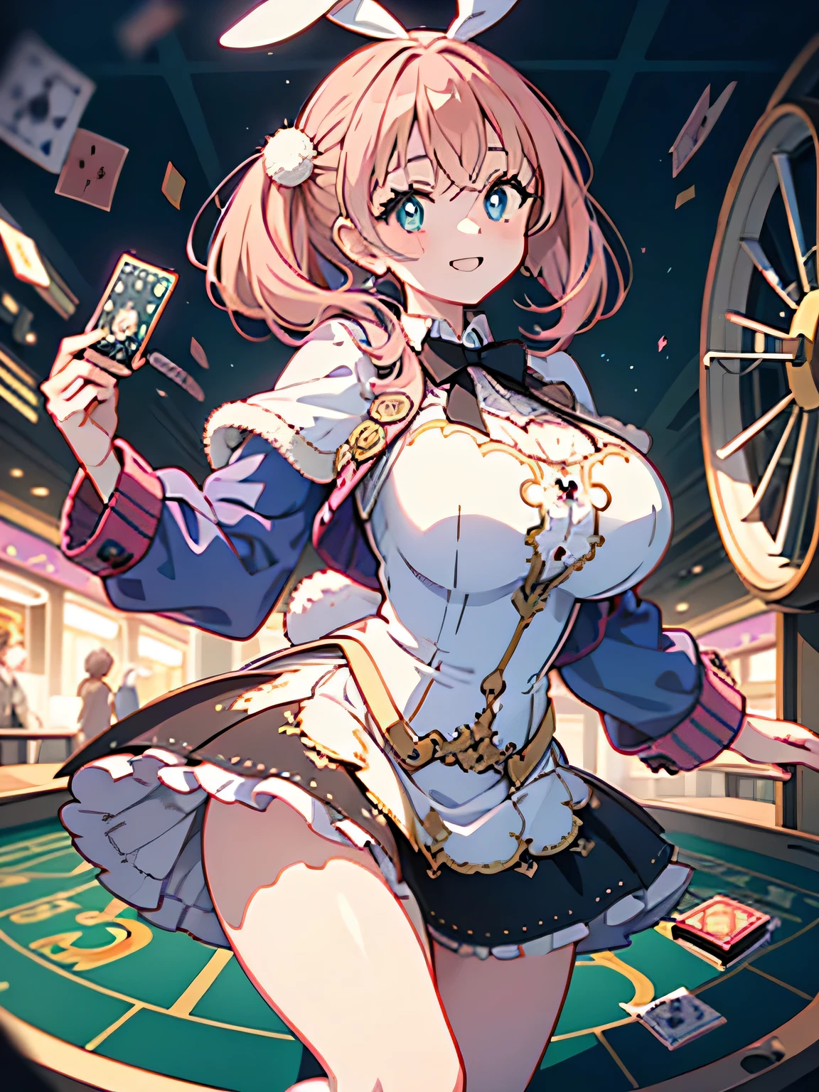 Anime illustration、highest quality、cyber punk、Fantasy、Alice in Wonderland、Luxury Casino、A plump bunny girl with brown skin、Giant roulette wheel、Bunny ears、Perfect proportions、Big Breasts、Thick legs、Beautiful, shining eyes、smile、Hanging eyes