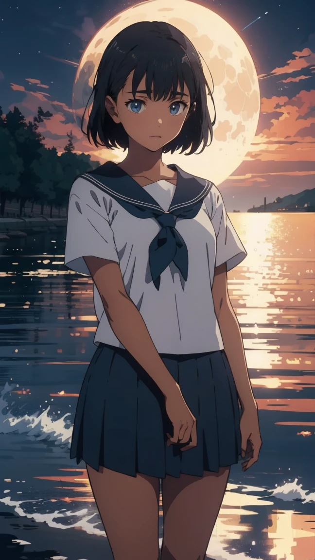 {{kofune mio}}, {summertime render}, blue eyes, black short hair, Calm expression,A faint blush, medium breasts, dark skin, dark-skinned female, white serafuku, short sleeves, black neckerchief, white sailor collar black pleated skirt,1girl, solo,very aesthetic, best quality, amazing quality, ,curated, illustration, highly detailed, anime coloring,Night sea background
BREAK
Golden Hour, (Rim Light):1.2, Warm tones, Solar flare, Soft Shadows, Vibrant colors, Painterly effect, Dream-like atmosphere 
BREAK
Beautiful sea, Calm water, reflection, Clouds illuminated by the moon, Peaceful atmosphere, Beautiful starry sky, Super detailed, Official Art, unity 8k wallpaper , Tangled, Mandala,(nsfw:1.3)