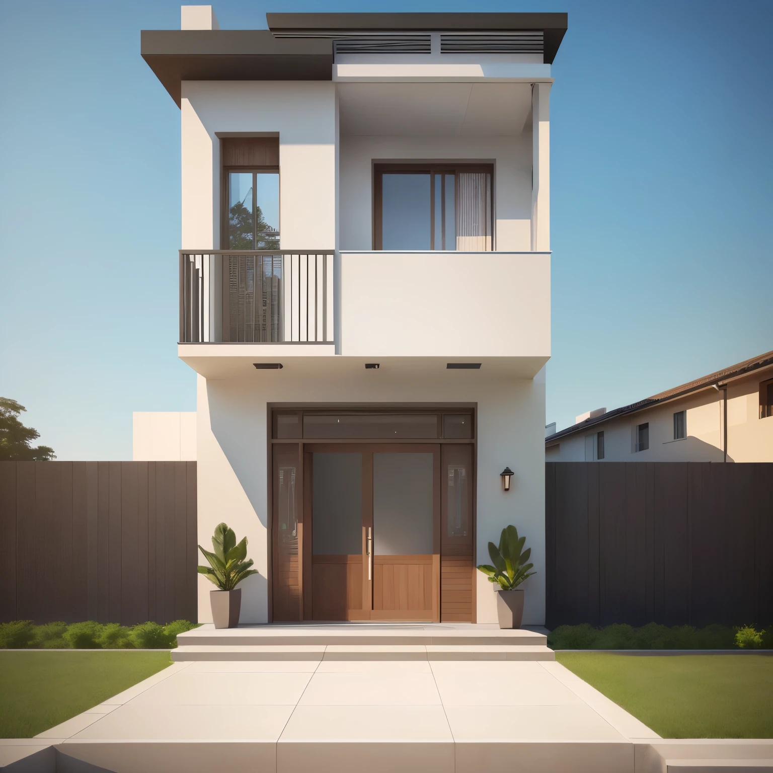 a rendering of a two story house with a balcony and a balcony, frontview, complete house, front perspective, front elevation view, exterior design, front-view, architectural concept, elevation view, in style of simplified realism, overall architectural design, inter dimensional villa, front view dramatic, front view, front elevation, 2 d render, 3/4 view realistic