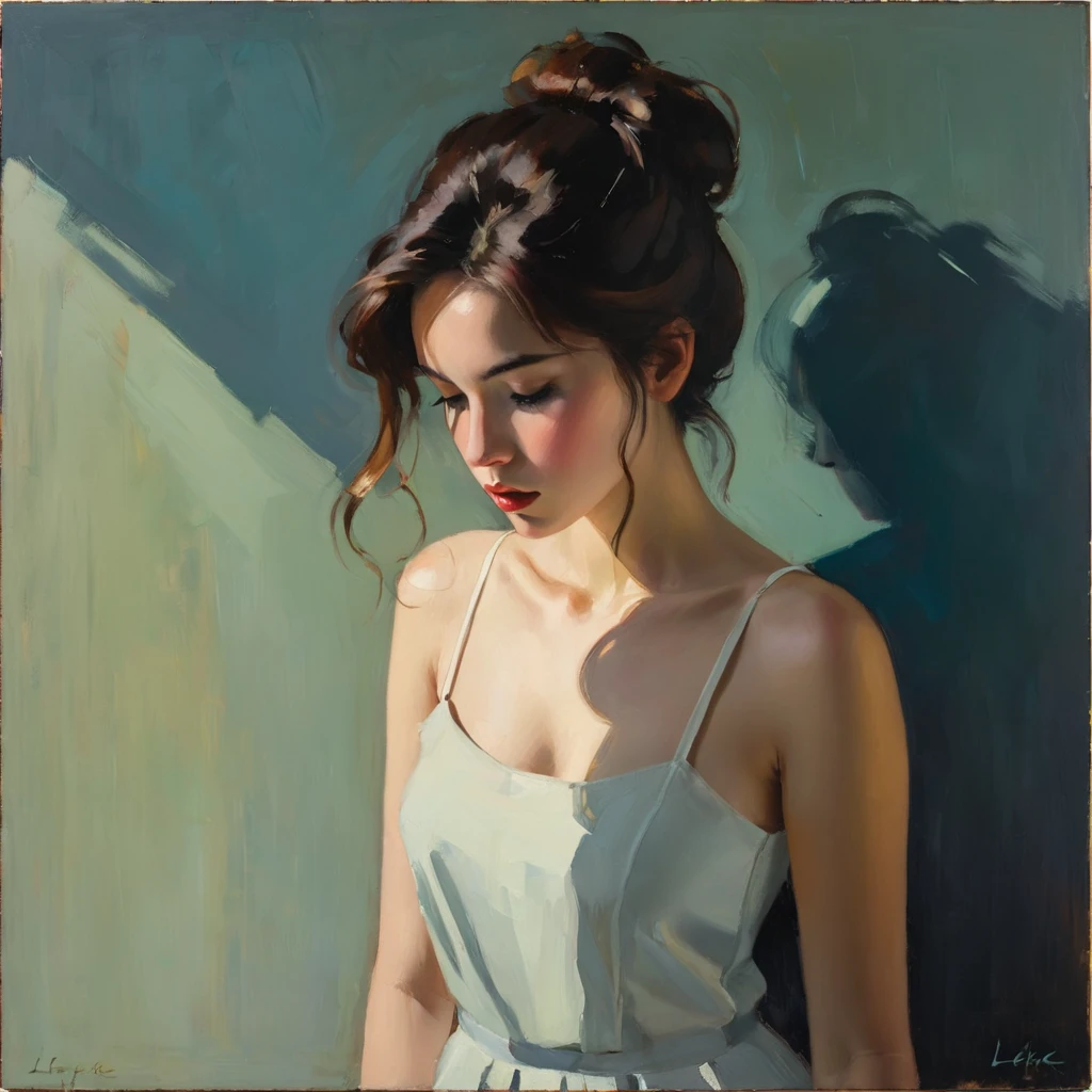 Create an evocative oil painting inspired by Malcolm Liepke, based on the provided image. Capture the intense, introspective expression of the young subject using thick, Incorporate earthy tones, deep blues, and warm browns to create a harmonious and inviting composition. Highlight the emotional depth and vulnerability in the subject's gaze, emphasizing the play of light and shadow on their face. Maintain a simple, textured background that complements the subject's contemplative presence. Focus on the tactile quality of the oil paint to convey the raw emotion and intimacy characteristic of Liepke's style.