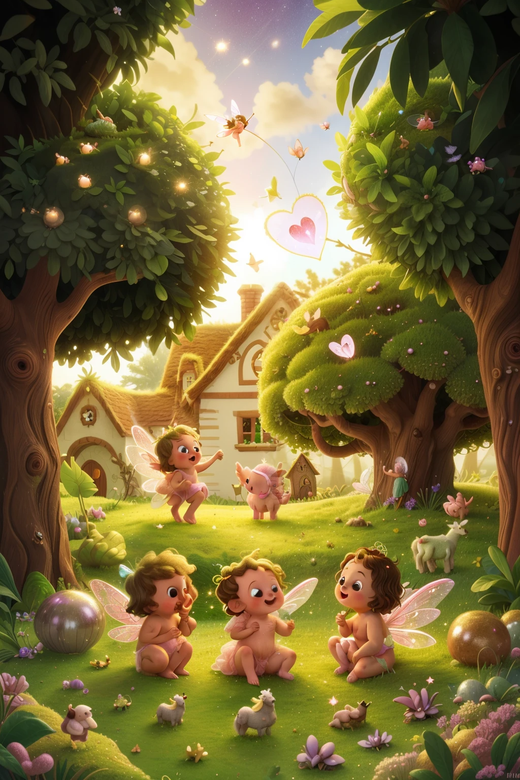 A breathtaking and captivating 3D image background captures the enchanting scene of a group of tiny, baby-like fairies, born with small statures and delicate fairy wings. These nude fairy children, with their rosy cheeks and big, curious eyes, are playfully gathered around a glowing pink heart. The fairy children, adorned with pockets full of golden coins, frolic and laugh amongst two majestic, shimmering ponies, and ten wet, woolly sheep.
All the magical creatures share the spacious, inviting house, crafted from smooth, hail-like bricks and featuring a high ceiling with an open floor. The house is nest