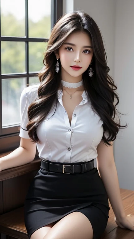 (High resolution 8K), Masterpiece, best quality, realistically ((middle bust)), hair in one eye, purple eyes, very big hoop earrings, Sharp eyes, choker, red gemstone necklace, (Symmetrical eyes), (The body is perfectly symmetrical. ), Photo of a beautiful 20 year old age girl, (Fit body), ((sitting on the tableในออฟฟิศโดยมองเห็นวิวเมืองจากหน้าต่าง, sitting on the table, Sitting at the table., With a backdrop of natural light., sitting on the table, Attractive pose,Show off your legs.)), (black short skirt), University outfit, (( The young woman wore a tight-fitting white short-sleeved shirt., unbuttoned, openly)) ((black short pencil skirt The skirt has a deep slit in front of the legs.)), (University outfit), belt, bob hair, long hair, side bangs, Blonde hair, Double eyelids, sharp eyeliner, Blush eyeshadow, thick eyelashes, very delicate and beautiful, round chin, sharp focus.. elegant. The study table is full. Turn your head with your legs open to eye level. Open your legs. Lift your right leg over your left leg. Allow your legs to open naturally, with your legs spread apart, in a dynamic pose.
