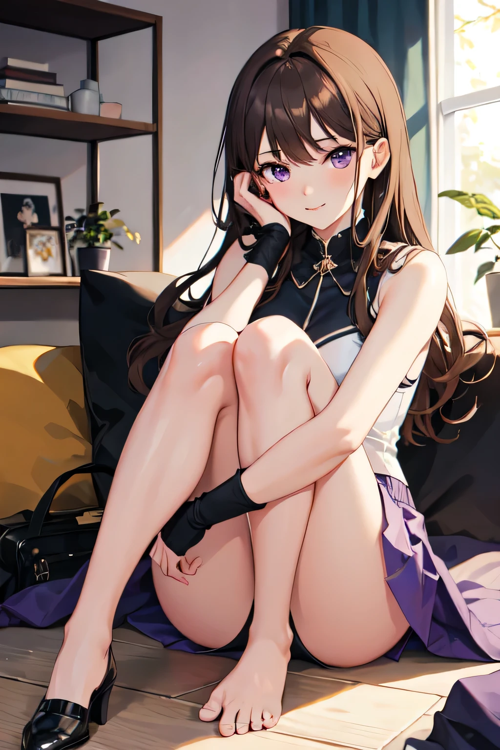 ((masterpiece,highest quality)), 
1 girl,  Brown hair, purple eyes, sitting with legs apart, thighs