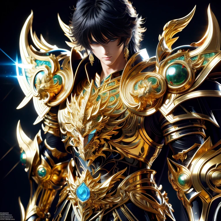 (masterpiece, best quality:1.2, UHD, 4k, masterpiece, photo realistic, insane details, ultra realistic, nobel photography), a saint seiya saint, beautiful  boy,with ultra beautiful and decoured full armour, full made of black metal, ((black color armour)), (dragon themed dragoncore), light effects, very decourated, friezes