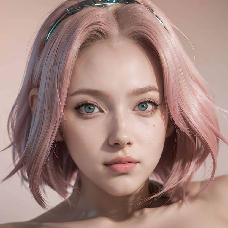 young woman, short shoulder-length pink hair, wide forehead, porcelain skin, pink eyebrows, big emerald green eyes, buttoned nose, full lips, heart-shaped face, slender body, small breasts, red tank top, Sakura Haruno , realistic, realism, details, 3d, well detailed