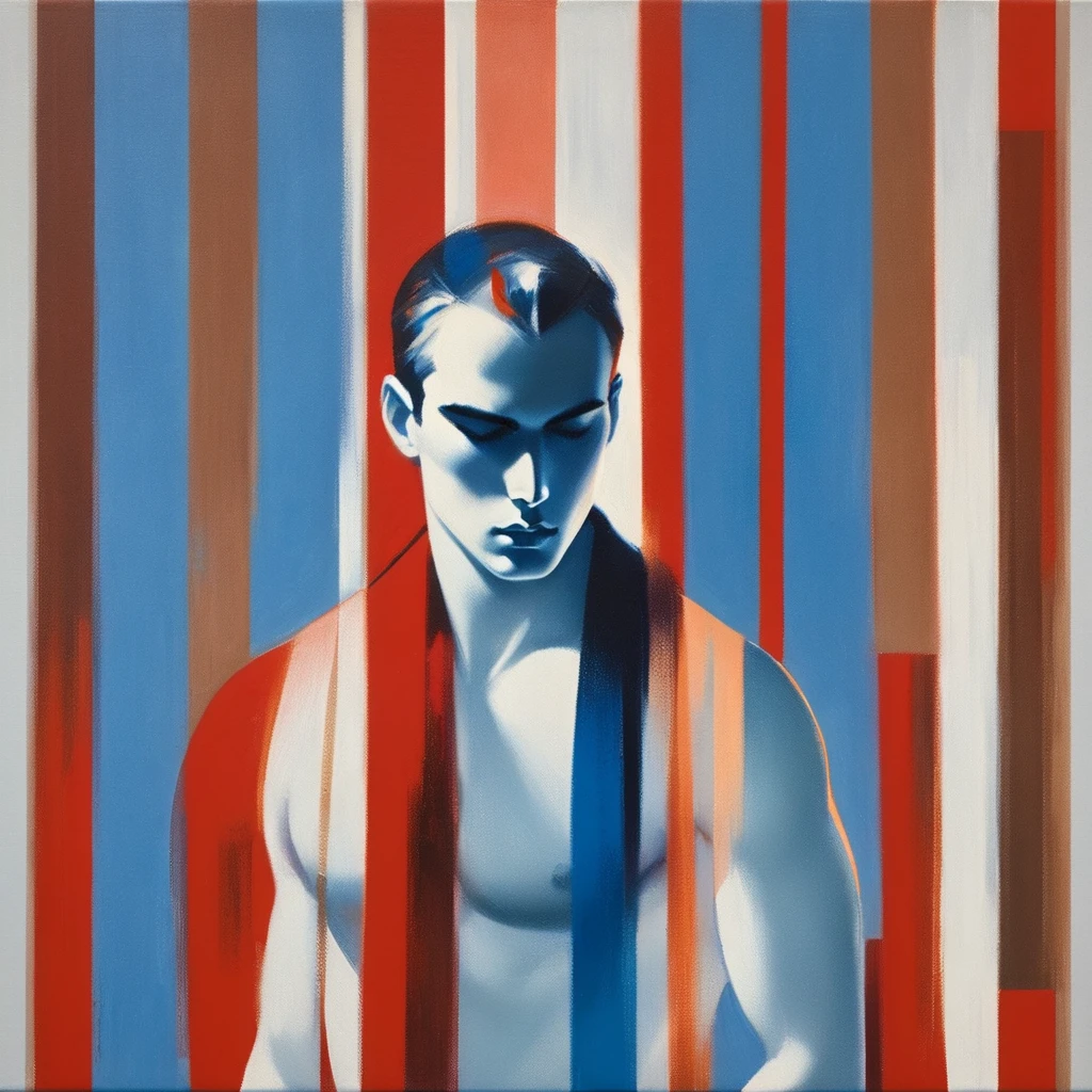 chiaroscuro technique on sensual illustration of an arafed man in white underwear, sexy masculine, diego fazio, male model, by Ludovit Fulla, model with attractive body, inspired by Ludovit Fulla, mid-shot of a hunky, the model draped in flowing, thick oil painting by Harumi Hironaka, Incorporate earthy tones, deep blues, and warm browns to create a harmonious and inviting composition, Create high contrast between light and shadow fire around, there is a red circle on a blue and red square, inspired by Bauhaus, in a shapes background, brown red blue, circle forms, red blue, by Leon Polk Smith, memphis abstract minimal art, graphic shapes, minimal art, blue and red, minimal art style, bauhaus art, inspired by El Lissitzky, bold simple shapes