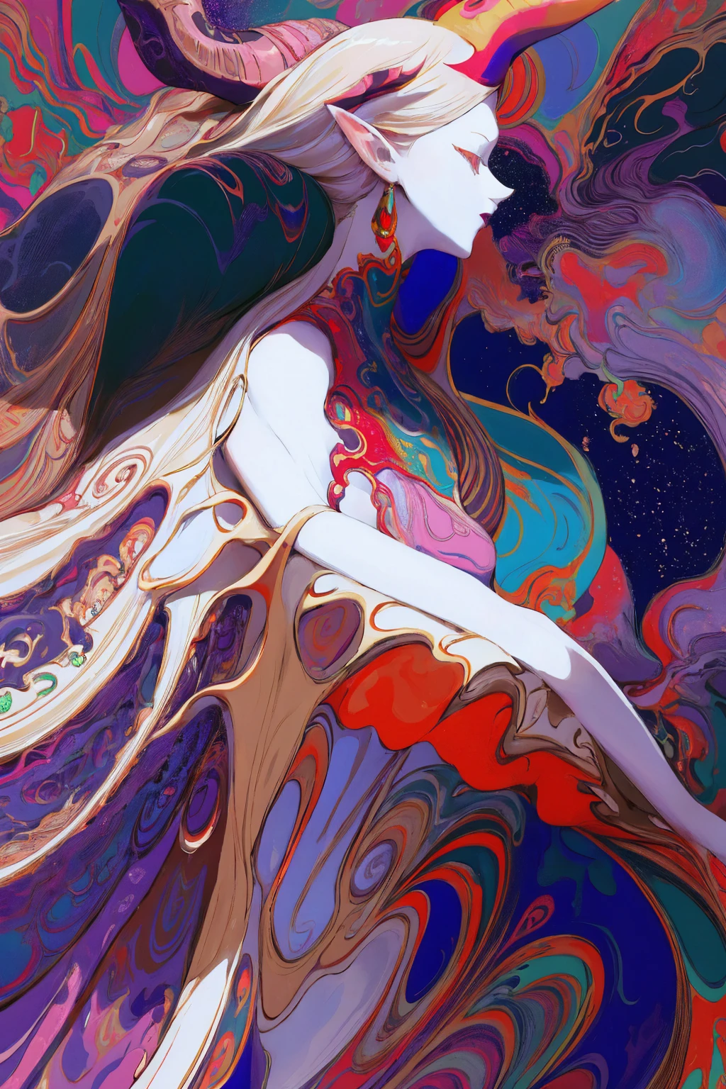 Designed by nty, A woman is, (Albino demon girl standing, long and complex horns:1.2, multicolored clothing), Complicated details, coloured background, Abstract