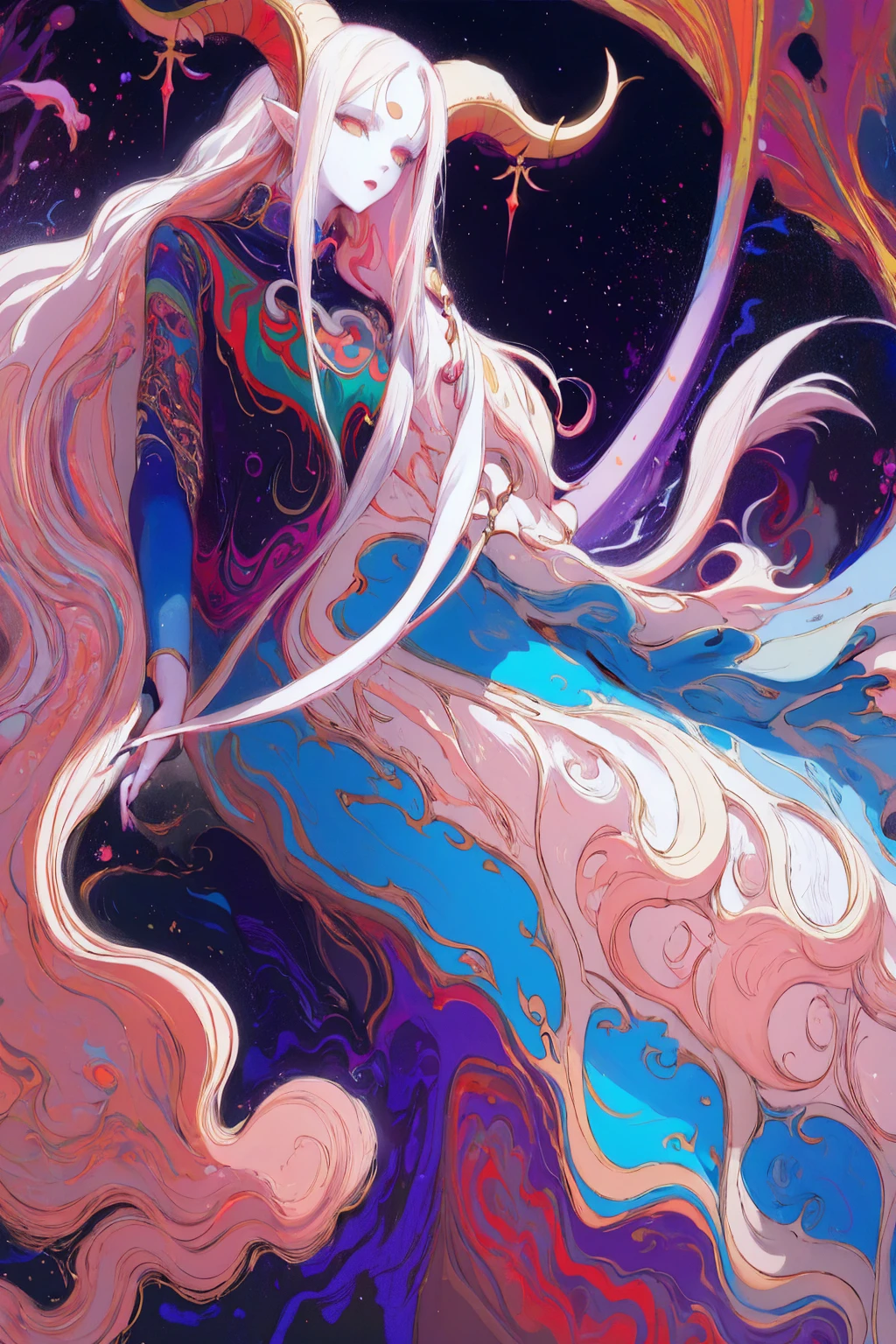 Designed by nty, A woman is, (Albino demon girl standing, long and complex horns:1.2, multicolored clothing), Complicated details, coloured background, Abstract