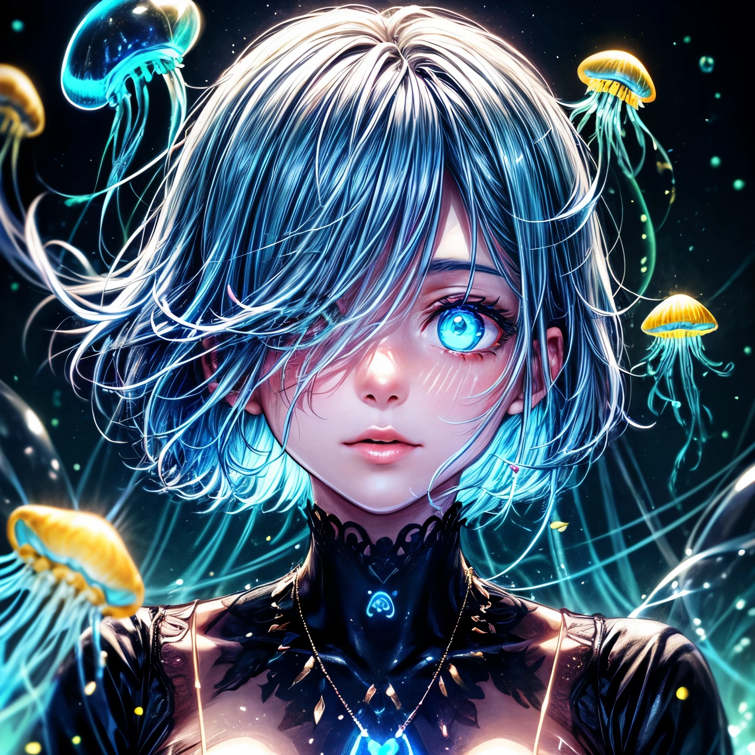 ((worst quality, low quality)), ((girl photo)), solo, (close-up: 1.3), (face focus: 1.4), big breasts, clear eyes and plump lips, beautiful light blue eyes ):1.2), Spoken Word Heart, (Perfect Hands: 1.3), (Light Blue Hair, Short Bob: 1.5), (((Hair Above One Eye)))), (((One Eye Is Hidden) Hair in))),
(jellyfish, bioluminescent environment: 1.5), fluorescent environment, (((bioluminescent: 1.5))), (( (glowing particles in water: 1.5, rainbow particles: 1.5, ))),
(Blue and white striped bikini), (((large bubbles floating around her))), open your hands and look at the bubbles, the bubbles are bright iridescent colors and emit a cloud of bubbles, The bubbles look like water, cute pose, detailed, masterpiece,