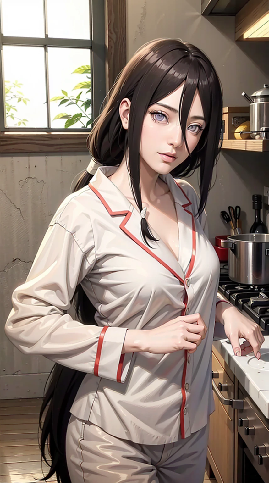 hyuuga hanabi, long hair tied low, hair band, hana purple eyes, beautiful, beautiful woman, perfect body, perfect breasts, wearing white pajamas, pajamas, sleepwear, in the kitchen, clear kitchen, looking at the audience, a slight smile, realism, masterpiece , textured leather, super detail, high detail, high quality, best quality, 1080p, 16k