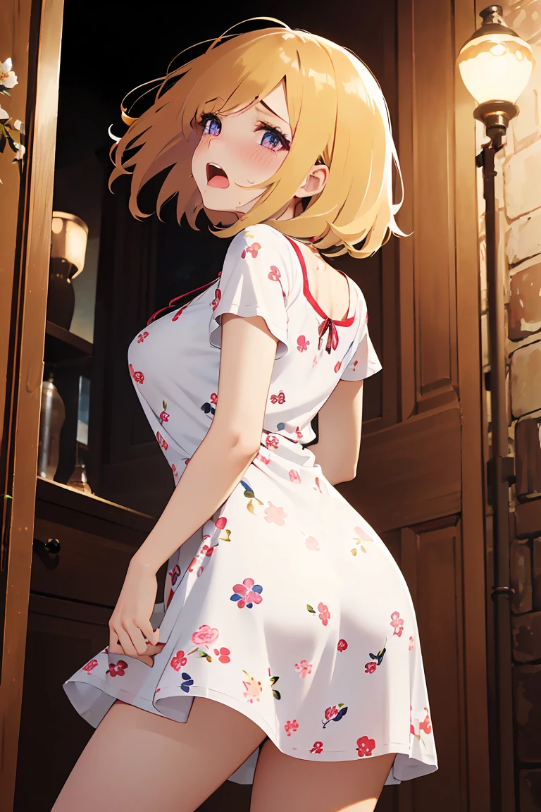 masterpiece, absurdres, best quality, ultra detailed, high Resolution, detailed illustration, bright colour, (extremely beautiful detailed face and eyes, Delicate beautiful face, 1 girl, cute face:1.3), (magenta eyes:1.1), sparkling eyes, big eyes, medium breasts, (perky breasts:1.1), (pointy breasts:1.1), medium hips, glamorous body, white skin, BREAK, long bob cut, (blonde hair:0.8), messy hair, detailed hair, shiny hair, BREAK (mini casual dress with floral print, down blouse:1.5), perfect lighting, (embarrassed:1.5), (ecstasy, vulgarity:1.5), (trembling:0.8), (Looking up from behind:1.5),