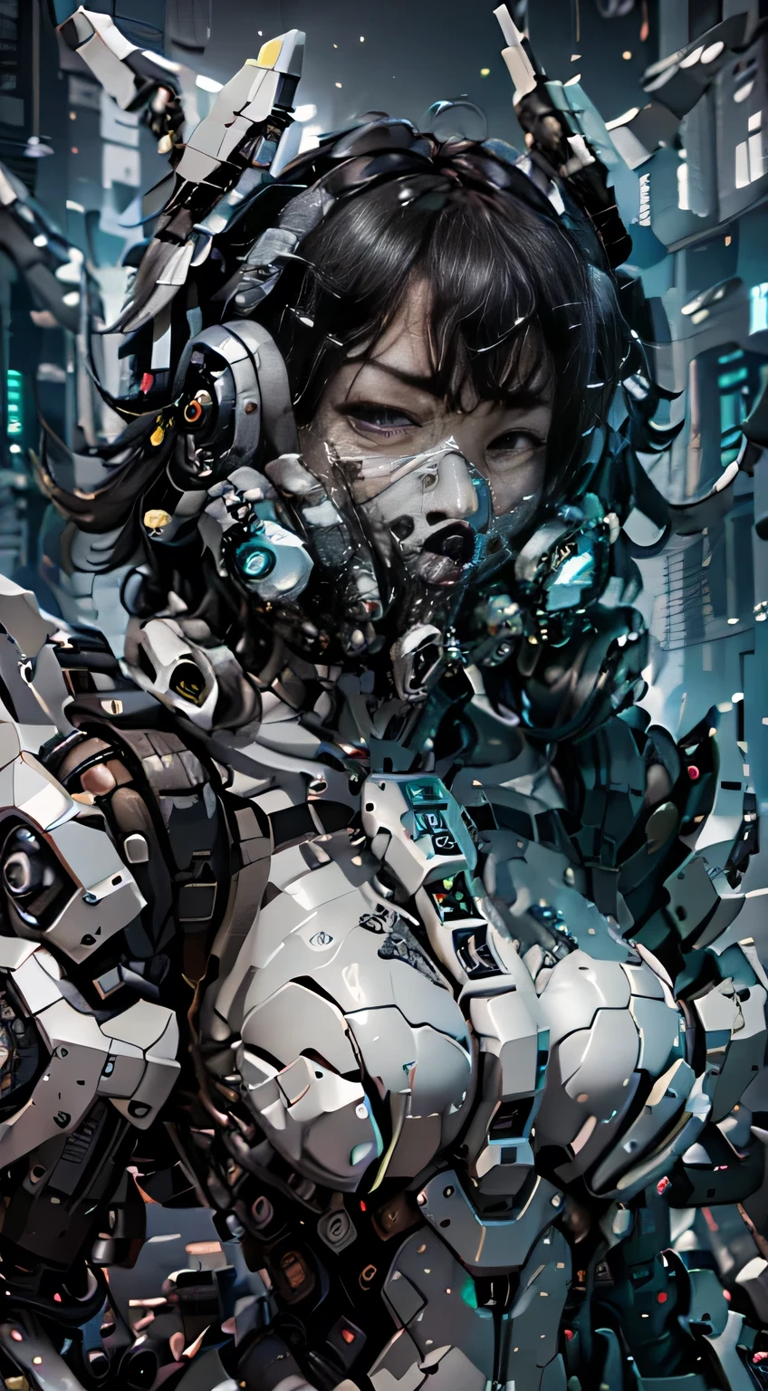 Um preto、estilo cyberpunk、ultra-detalhado、high resolution、long white messy hair、breasts are large、rosto delicado、A beautiful girl wearing a mecha mask stands in the ruins.、Behind her is a giant robot、Holding a heavy sniper rifle in your hand、(luminescent particles:1.4)、(extremamente detalhes CG、8k unity wallpapers、3D、iluminando como um filme、reflexo de lente)、Refletores、sharp focus、arte ciberpunk、arquitetura ciberpunk、