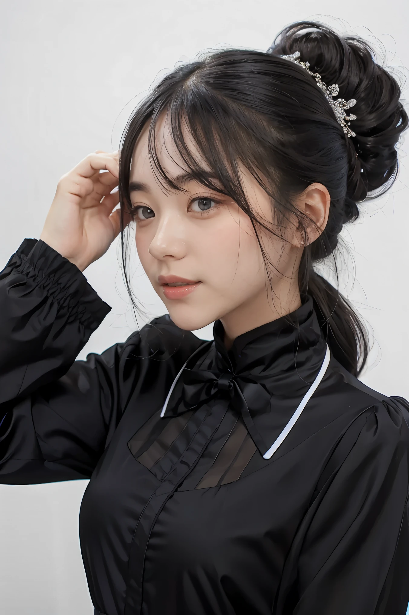1lady, black random formal attire, white background,