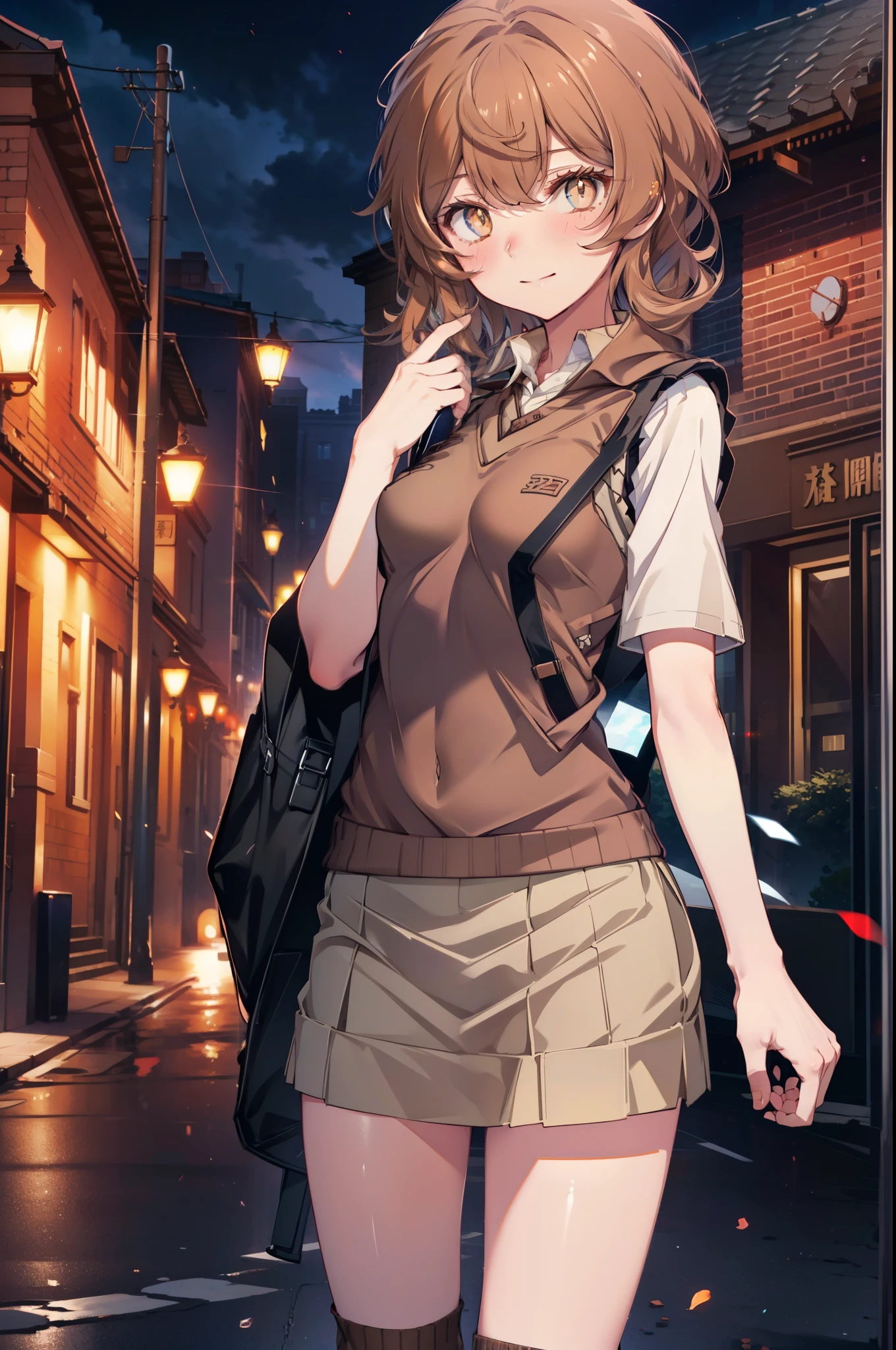 Liliru Card, Liliruca gets burned, (Brown eyes:1.7),height: 140cm, Brown Hair, (Small breasts:1.2),blush,smile, short hair, uniform, Y-shirt,Sweater vest, (brown Sweater vest:1.5),Short sleeve white shirt, Collared shirt, skirt,black pleated skirt,Black knee socks,Brown Loafers,On the way home from school,evening,夕陽
break looking at viewer,
break outdoors, city,Building Street,
break (masterpiece:1.2), highest quality, High resolution, unity 8k wallpaper, (shape:0.8), (Fine and beautiful eyes:1.6), Highly detailed face, Perfect lighting, Highly detailed CG, (Perfect hands, Perfect Anatomy),