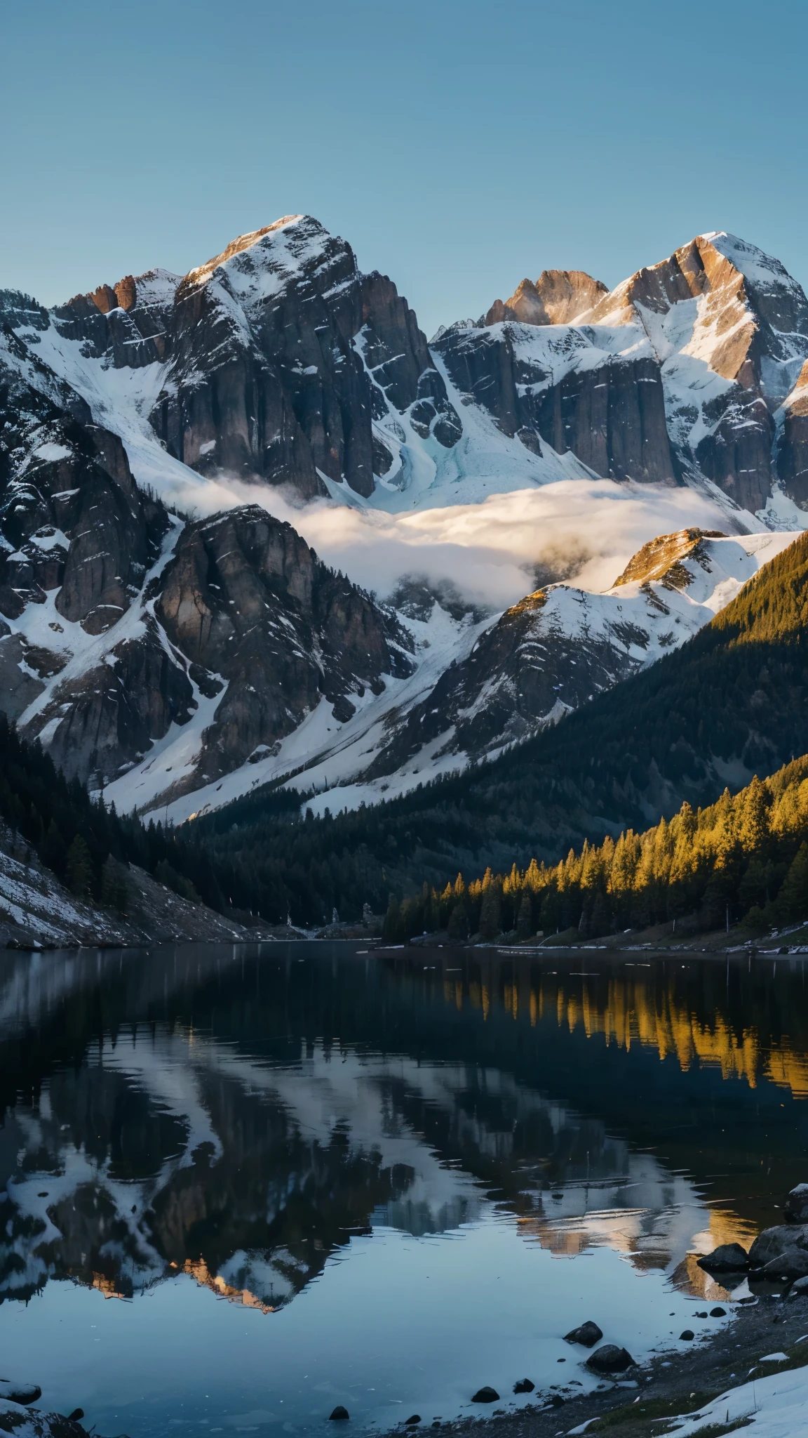 Dreamy Mountain Landscape": Majestic mountains with snow-capped peaks, lush green valleys, a serene lake reflecting the scenery, and a vibrant sky during dawn or dusk.