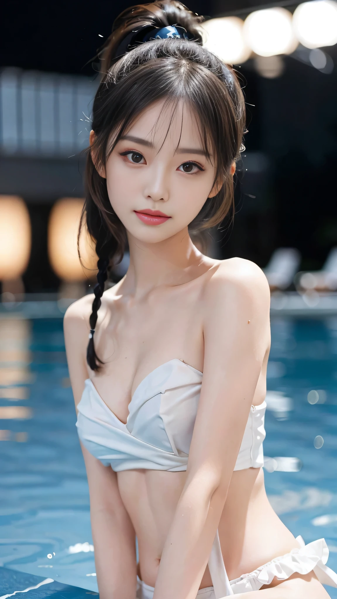 night,It's dark outside,Resort Pool lit up with neon lights at midnight,bikini,Close up face,One woman,masutepiece, The highest image quality, High quality, the background is clear,Beautiful woman, Japanese, Detailed, Detailed eyes, Detailed skin, Beautiful skin, 超hight resolution, (reality: 1.4),Very beautiful woman, Slightly younger face, Beautiful skin, slender, (Ultra photo realsisim), (hight resolution), (8K), (Very detailed) (beautifully detailed eyes), (super detailed), (Detailed face), view the viewer, Fine details, Detailed face, Staring straight ahead, Staring straight ahead, photos realistic, Bright lighting, Professional Lighting, Black hair,poneyTail,a baby face,fifteen years old,Hairstyle: ponytail,Long ponytail hairstyle,slight smile,neat and tidy clothing,Beautiful Japanese KPOP idol photo, hair style is ponytail, my eyes are double and wide, baby face, smile and look straight ahead, slender, small breasts,Close up face,