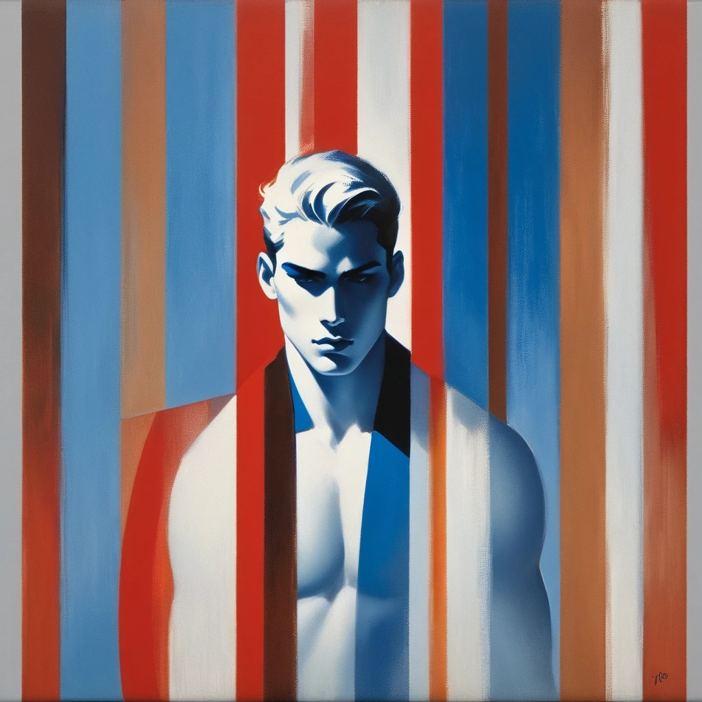 chiaroscuro technique on sensual illustration of an arafed man in white underwear, sexy masculine, diego fazio, male model, by Ludovit Fulla, model with attractive body, inspired by Ludovit Fulla, mid-shot of a hunky, the model draped in flowing, thick oil painting by Harumi Hironaka, Incorporate earthy tones, deep blues, and warm browns to create a harmonious and inviting composition, Create high contrast between light and shadow fire around, there is a red circle on a blue and red square, inspired by Bauhaus, in a shapes background, brown red blue, circle forms, red blue, by Leon Polk Smith, memphis abstract minimal art, graphic shapes, minimal art, blue and red, minimal art style, bauhaus art, inspired by El Lissitzky, bold simple shapes