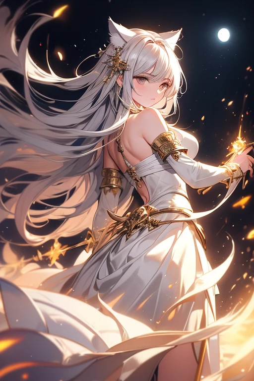 ((masterpiece, highest quality)),Ultra-high resolution, (realism: 1.4),Best illustrations,Line art,Very condensed adult female,Ready to Battle,Delicate and beautiful features,Long, narrow eyes,Sharp face,A firm expression,Clear face,Silver Hair,Wolf ears,tail,Black loincloth fluttering in the wind,White costume,Fantasy,The background is a full moon and wilderness,wide aperture,Unreal 5,Scattered beneath the surface,Anatomically correct