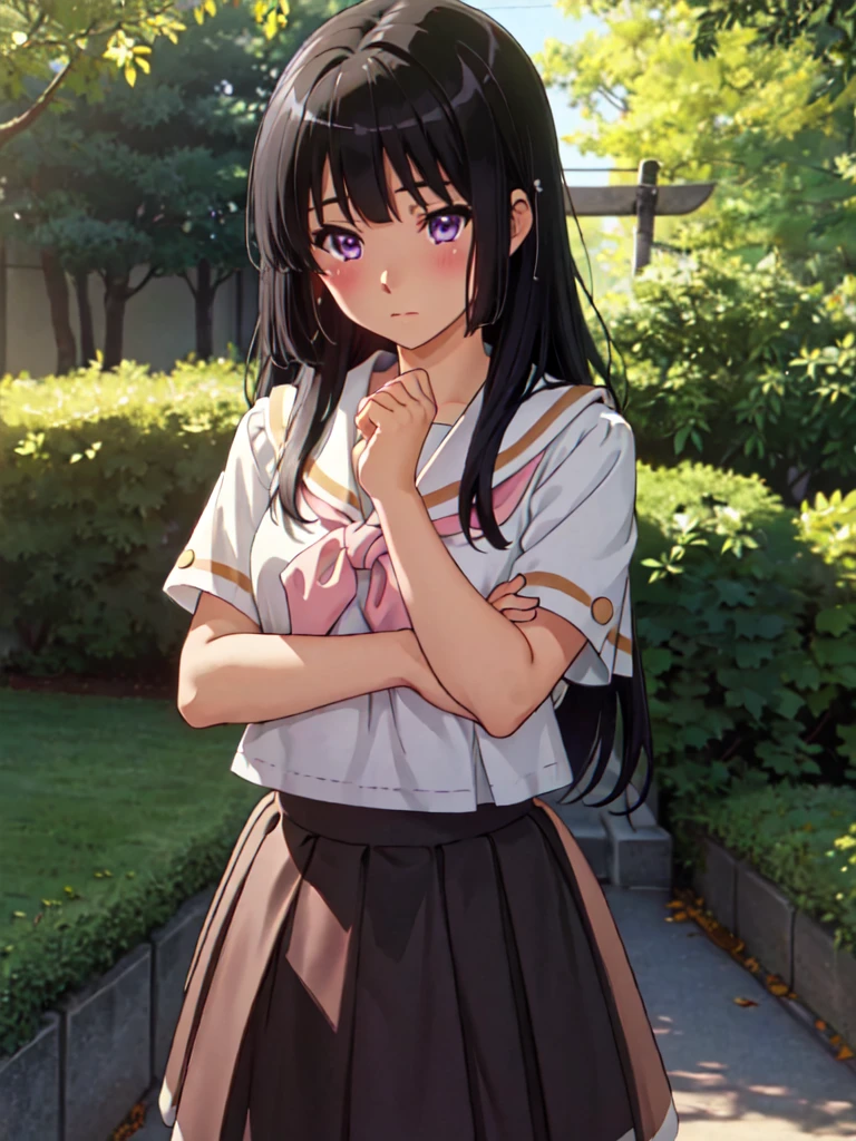 masterpiece, best quality, ultra detailed, highres, extremely detailed CG unity 8k wallpaper, perfect lighting, very detailed background, Outdoor、beautiful and aesthetic,sharp focus, perfect face, Perfect hands、Perfect Fingers、Perfect toes、Five fingers、
look down、Upper Body、Fair skin、Blushing、Blunt bangs、(Hide your arms behind your body:1.2)、(twinkle(in the eyes):1.2)、Pull up your skirt、Staring at the audience、black_hair, long_hair, purple_eyes, blush, bangs, closed_mouth, serafuku, blurry、kousaka reina、birthday