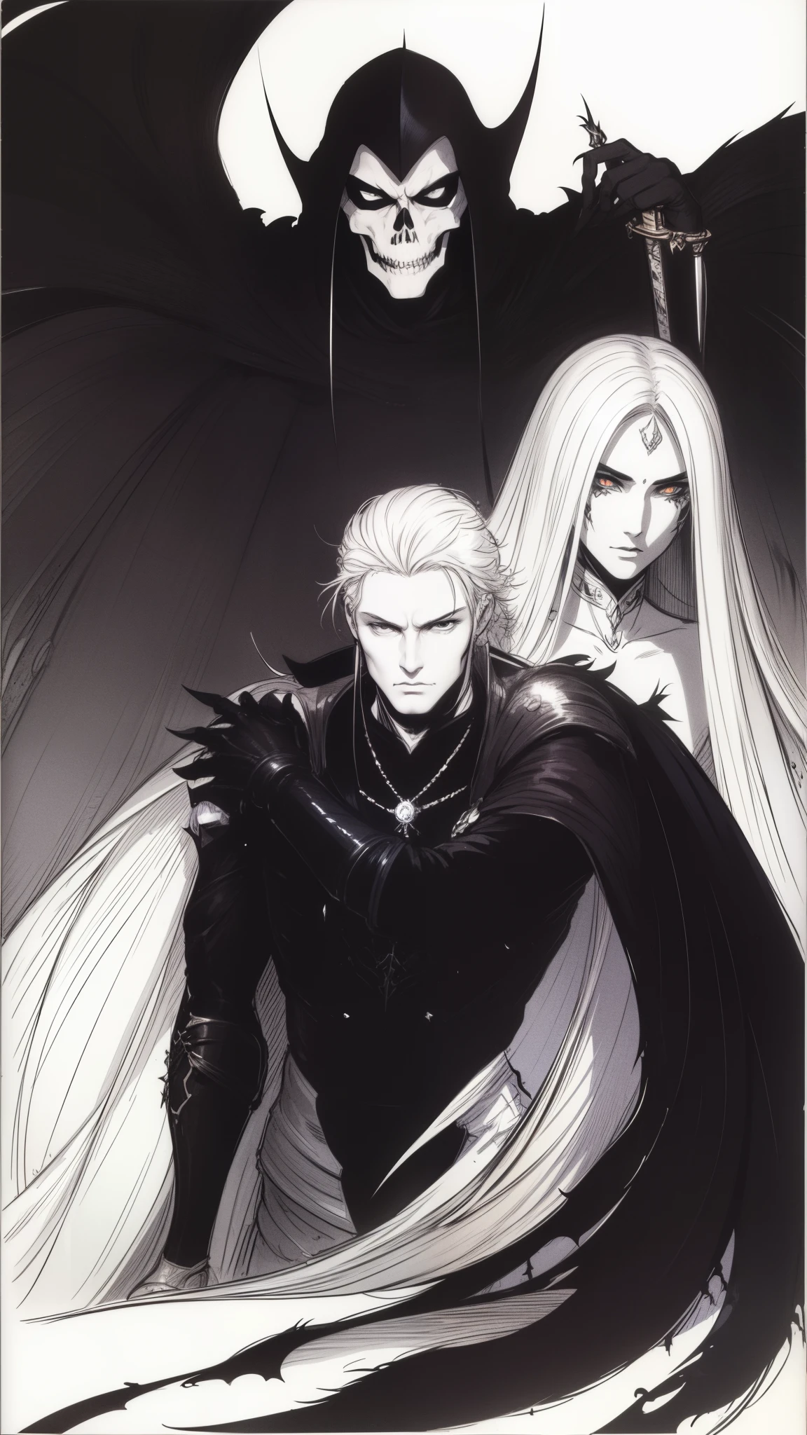 Black knight, white background, line drawing Drawing, light colors, holding sword, fantastic, woman 1 (white hair), black dragon coiled, sexy, De Pere Blanca, curly eyes, rough sketch, rough lines, lively pose, beautiful black cape, Dracula, slender, nice black feathers, delicate touch lines, painterly, Lively pose, beautiful black cape, Dracula, slender, blue feathers, delicate touch, fine lines, clear face, black mechanical giant,, black cape, grim reaper, skull, bat, black dress, mysterious, mage
