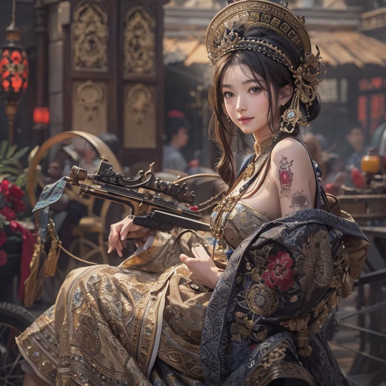 Ride an Antique Bicycle on Baker Street 、Hair flow、 ((highest quality、masterpiece、8k、Best image quality、Ultra-high resolution、Award-winning works)、(Accurate anatomy:1.1)、(Look at me and smile:1.1)、Shining fair skin with Ultra-high resolution、The most detailed face、Ultra-high resolution detailed face、Ultra-high resolutionの髪の毛、(Ultra-high resolutionの煌めく瞳:1.1)、Beautiful face drawn in every detail、(Blurred Background:1.1)、Ancient Islamic clothing, Chest to chest, tattoo,
