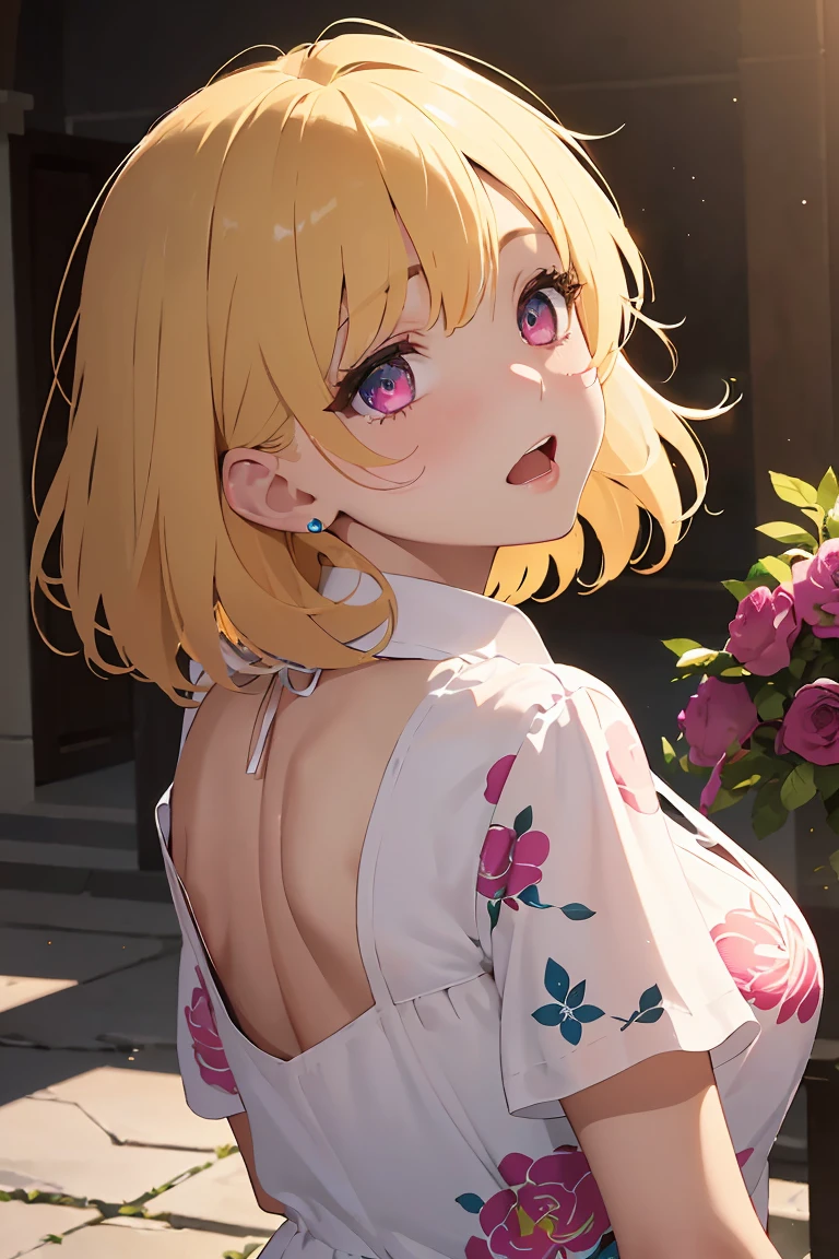 masterpiece, absurdres, best quality, ultra detailed, high Resolution, detailed illustration, bright colour, (extremely beautiful detailed face and eyes, Delicate beautiful face, 1 girl, cute face:1.3), (magenta eyes:1.1), sparkling eyes, big eyes, medium breasts, (perky breasts:1.1), (pointy breasts:1.1), medium hips, glamorous body, white skin, BREAK, long bob cut, (blonde hair:0.8), messy hair, detailed hair, shiny hair, BREAK (mini casual dress with floral print, down blouse:1.5), perfect lighting, (embarrassed:1.5), (ecstasy, vulgarity:1.5), (trembling:0.8), (Looking up from behind:1.5),