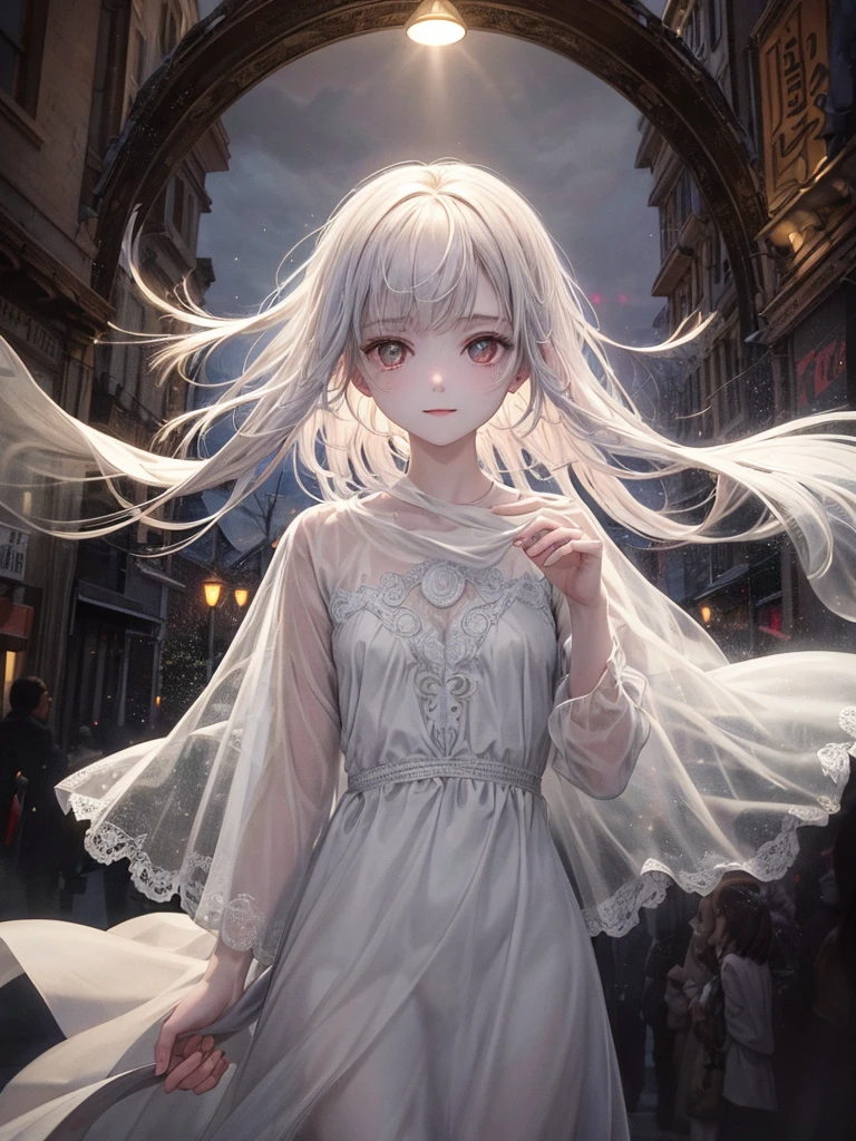 masterpiece, highest quality,(One ghost girl),(ghost:1.3),Transparent body,Clear Skin,The outline glows faintly,Silver Eyes,Smiling sadly,(Reaching out),Disheveled Hair,The mysterious pale light of the street lamp,Night Park, Evokes a sense of serene serenity and elusive beauty,Imaginative,Non-expressive,Bokeh