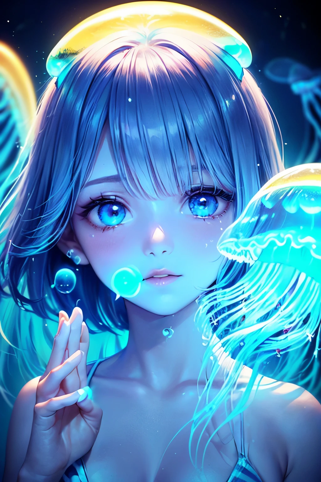 ((worst quality, low quality)), ((girl photo)), solo, (close-up: 1.3), (face focus: 1.4), big breasts, clear eyes and plump lips, beautiful light blue eyes ):1.2), Spoken heart, Praying hands, (Perfect hands: 1.3), (Light blue hair, short bob: 1.5), (((hair above one eye)))), (((one eye is Hidden) with hair))),
(jellyfish, bioluminescent environment: 1.5), fluorescent environment, (((bioluminescent: 1.5))), (( (glowing particles in water: 1.5, rainbow particles: 1.5, ))),
(Blue and white striped bikini), (((big bubbles floating around her))), open your hands and look at the bubbles, the bubbles are bright blue and release a cloud of bubbles, bubbles looks like water, cute pose, detailed, masterpiece,