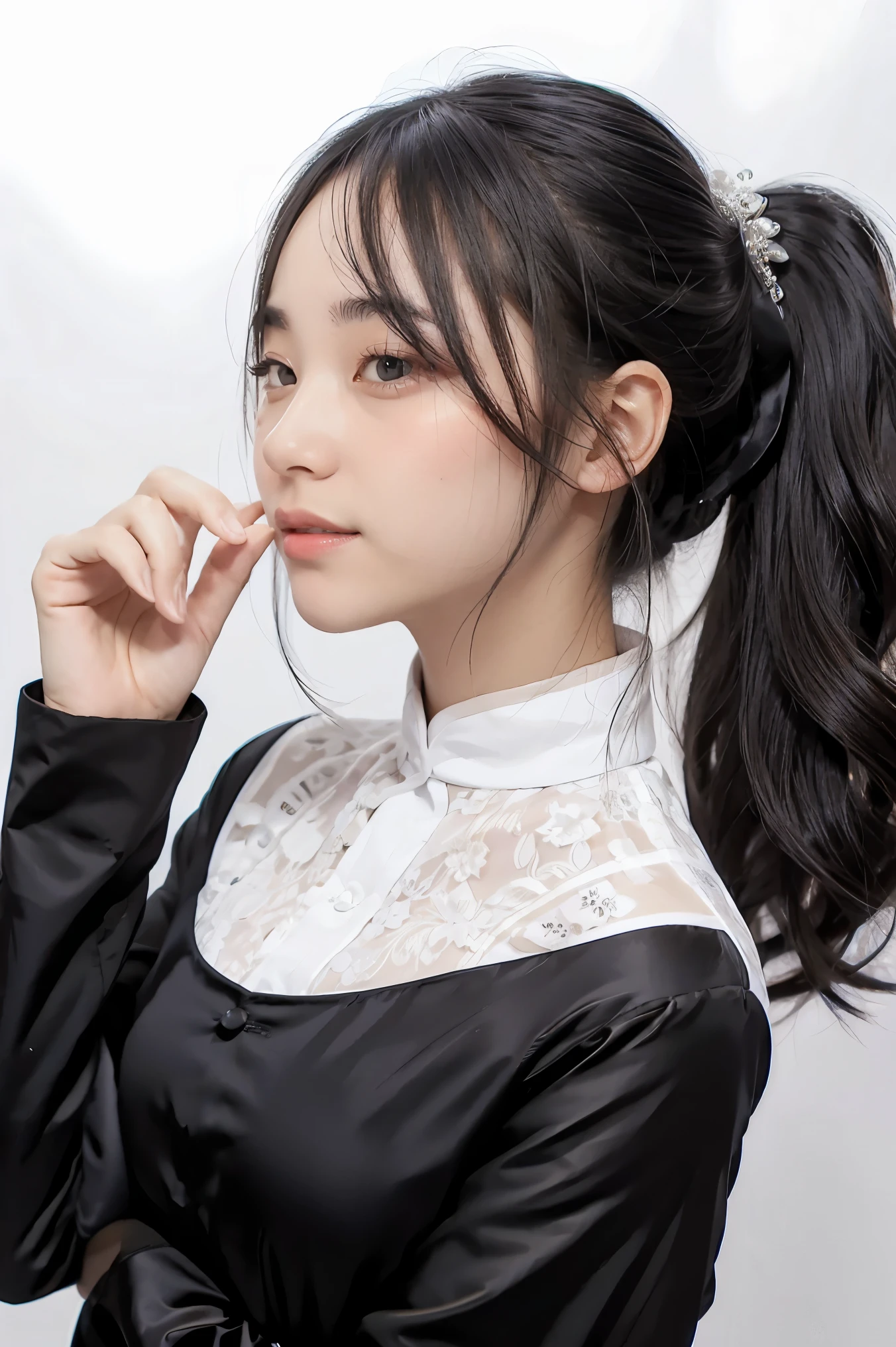 1lady, black random formal attire, white background,
