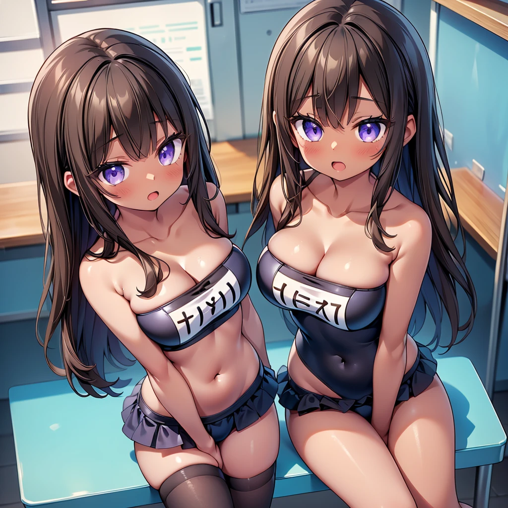 (cute eyes:1.2), (sparkling eyes:1.2), (8K、Best image quality、highest quality、masterpiece)、Detailed face、(2 girls, ((Brown Skin:1.3)))、Improve、(Black Hair, Purple Eyes, long hair)、(open mouth), (embarrassed), (skinny body:1.3),(medium breasts), (strapless, School Swimsuit:1.2), (cleavage), (crop top navel), Sit on a chair, Classroom Background, (black stockings:1.1), (Thighs:1.1), (Waistline:1.1),(close-up shot of bust), (from above:1.2)