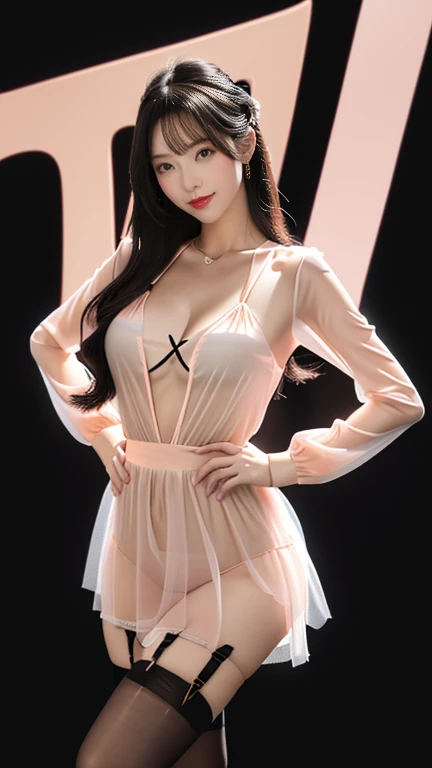 8K Ultra HD、Digital SLR Camera、soft light、high quality、Volumetric Lighting、frank、photo、high resolution、4K、8k、Bokeh，The eyes and face are very detailed，The smile, Pretty Face，Create stunning girl images, warm color, Very high color saturation，The legs look very long from the front，dynamic poses，Normal standing posture，(Looking at the audience:1.1)，black background，Oriental women, Station Street Girl, Full figure，Golden Ratio, Minimalism，Transparent and visible skin, Salmon pink clothes， Sheer tulle nightdress，Transparent tulle long sleeves，Black cross chest sticker，Three-point underwear，Half naked，Black hair、Gradient Hairstyle，Cyberpunk hairstyle，(Cleavage、Perfect breasts、sexy、very detailed breasts, d cup size)，(Transparent knee-high socks,Garter belt、garter rings、Leg garters)