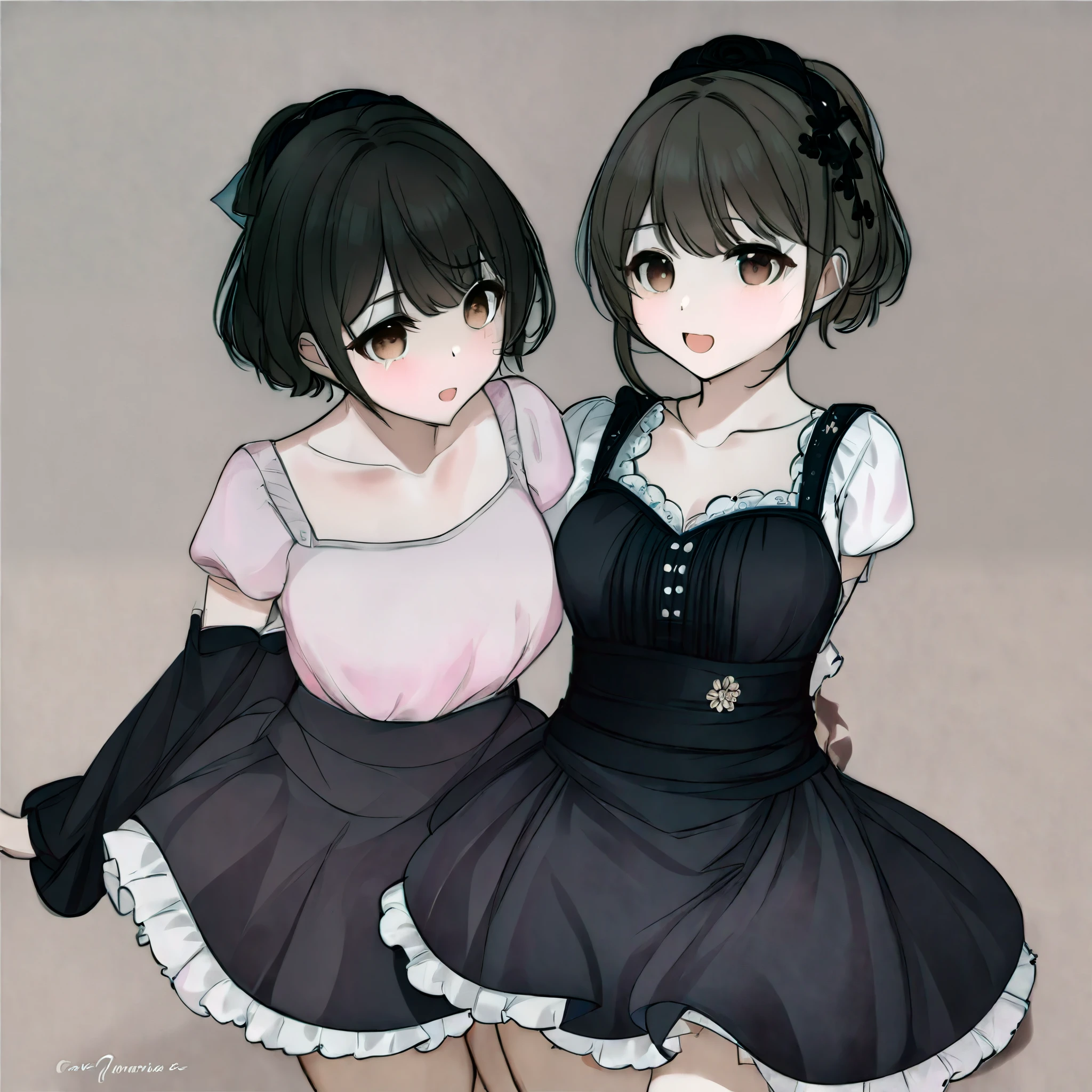 A girl that has black short hair and has rosy cheeks also brown eyes and wearing a cute lolita dress while dancing