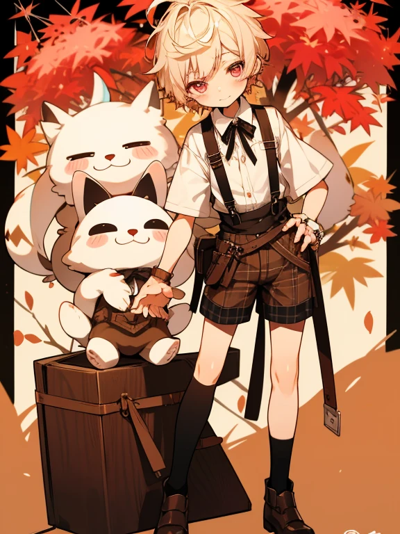 Tabletop, Perfect Face, highest quality, highest quality, Great designers for boys, Whole Body Ezbian,8k resolution, Ultra-high quality output,dream-like、soft、High quality shota boy ((short hair, Light Hair, Pink Eyes, Light pigmentation ))autumn服 Plaidのショートパンツ ニット もこもこ 立ち絵 全身 キャラクターデザイン キャラクターシート 動きがある 躍動感 笑顔 かわいい 等身低め 本を持つ ベレー帽 膝丈ズボン(Plaid、Brown、autumn) Face is front、garter belt、Shorts with suspenders